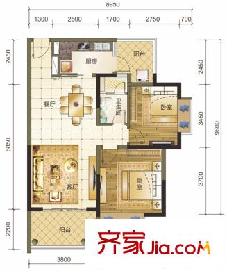 華發(fā)國賓壹號13#01/02號房F戶型 2室2廳1衛(wèi)1廚