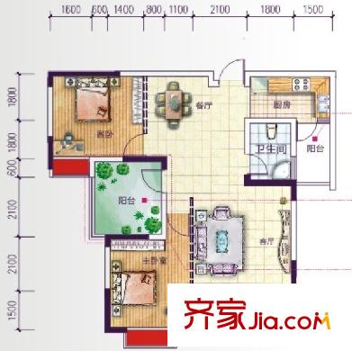 啟美新城F2-5 2+1戶型 2室2廳1衛(wèi)1廚