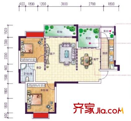 啟美新城F2-1 2+1戶型 2室2廳1衛(wèi)1廚