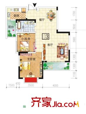 啟美新城D-3戶型 2室2廳1衛(wèi)1廚