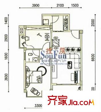 碧園南城故事春暉萬(wàn)象01戶(hù)型 2室2廳1衛(wèi)1廚