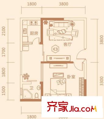泛宇邕江一品C3戶型 1室1廳1衛(wèi)1廚