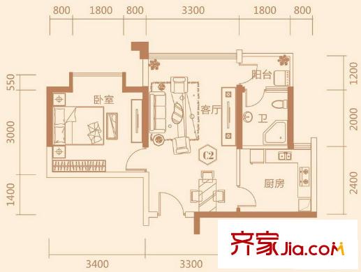 泛宇邕江一品C2戶型 1室1廳1衛(wèi)1廚