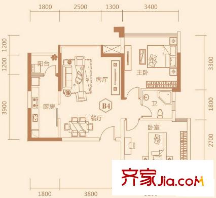 泛宇邕江一品B4戶型 2室2廳1衛(wèi)1廚