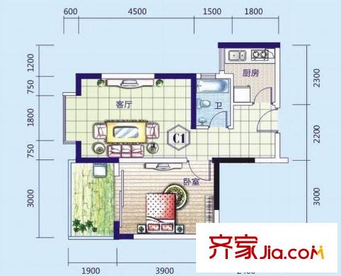 泛宇邕江一品1#、2#、3#樓C1戶型 1室1廳1衛(wèi)1廚