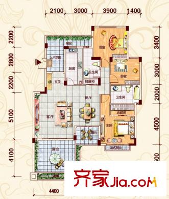 金菲豪園3號樓1、2、3單元301號房 3室2廳2衛(wèi)1廚