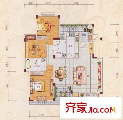 金菲豪園5#樓C8戶型 3室2廳2衛(wèi)1廚