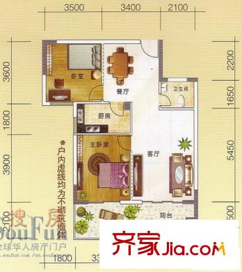錦秀豪庭B戶型  2室2廳1衛(wèi)1廚