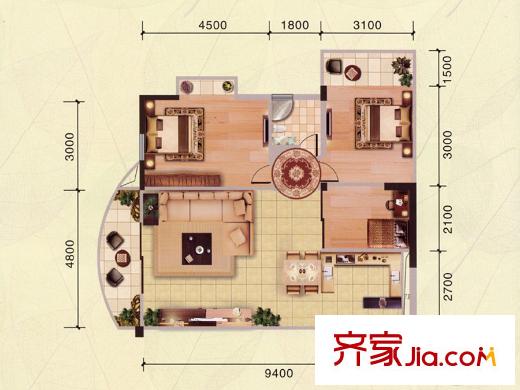 錦秀豪庭9#樓J戶型 2室2廳1衛(wèi)1廚