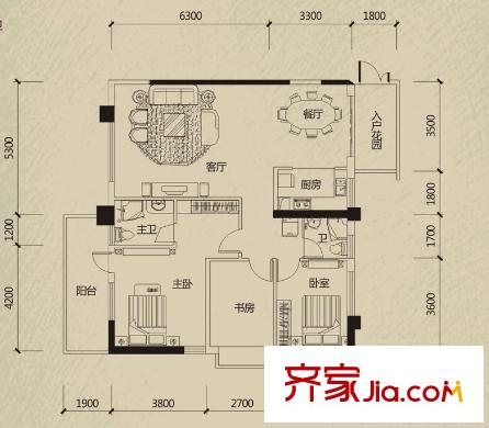 南湖名都廣場B1戶型 3室2廳2衛(wèi)1廚