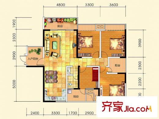 虹橋灣2號樓第3層A2型 4室2廳1衛(wèi)1廚