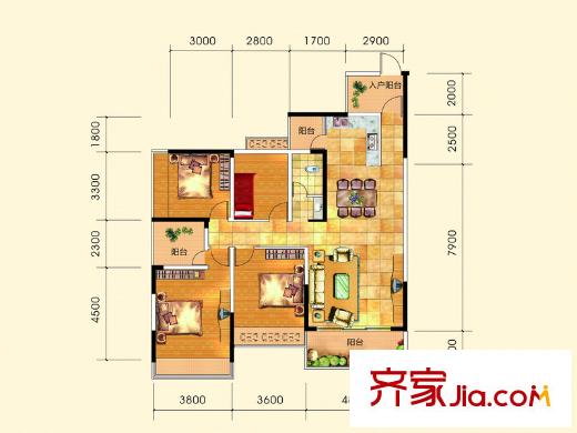 虹橋灣3號樓第3層B1型 4室2廳1衛(wèi)1廚