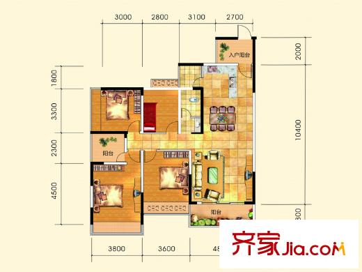 虹橋灣2號樓第3層B型 4室2廳1衛(wèi)1廚