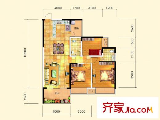 虹橋灣2號樓第3層C型 3室2廳2衛(wèi)1廚