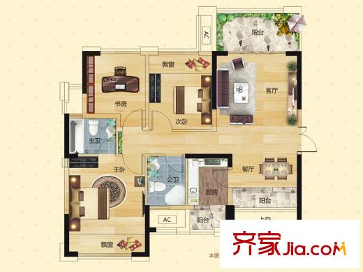 中房新天地2#樓1單元01/02戶型 3室2廳2衛(wèi)1廚