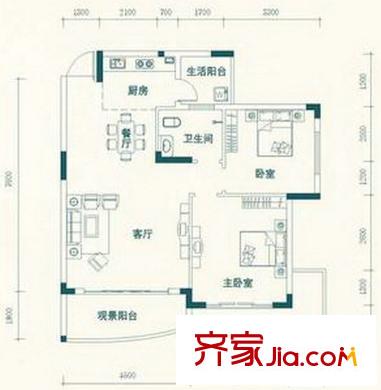 天池山4-I戶(hù)型 2室2廳1衛(wèi)1廚