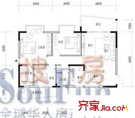 天池山香溪麗舍組團戶型K1 3室2廳2衛(wèi)1廚