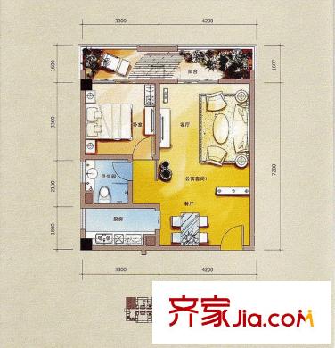 印尼園15號樓B2戶型 1室2廳1衛(wèi)1廚