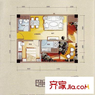 印尼園15號樓B3戶型 1室2廳1衛(wèi)1廚