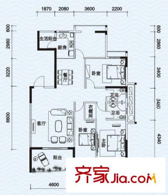 騁望怡平方米灣E棟4單元02號(hào)房 3室2廳2衛(wèi)1廚