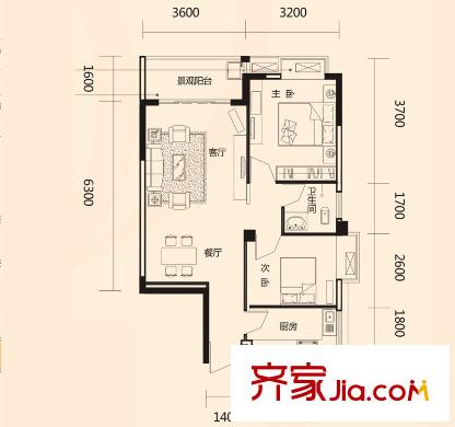 瑞和家園29#/30#樓F3戶型 2室2廳1衛(wèi)1廚