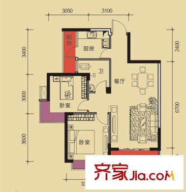 瑞和家園1#/2#/6#/8#樓A2戶型 2室2廳1衛(wèi)1廚