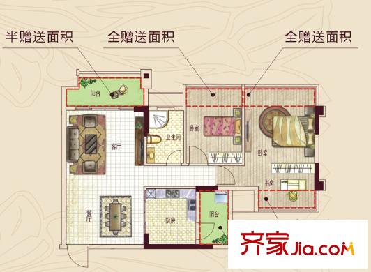 云星城市春天20#樓B2戶型 2室2廳1衛(wèi)1廚