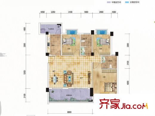 九個半島E2戶型（1-10F） 3室2廳2衛(wèi)1廚
