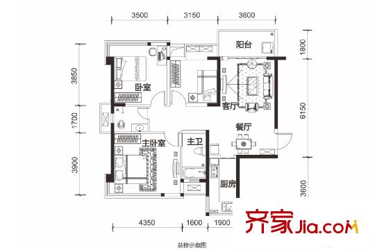 盛天領域18/19號樓06戶型 3室2廳1衛(wèi)1廚