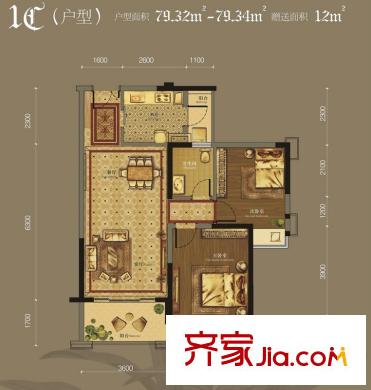 美泉16121C戶型 2室2廳1衛(wèi)1廚