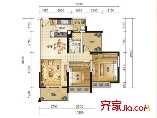 華發(fā)國賓壹號18#01/02號房J戶型 3室2廳1衛(wèi)1廚