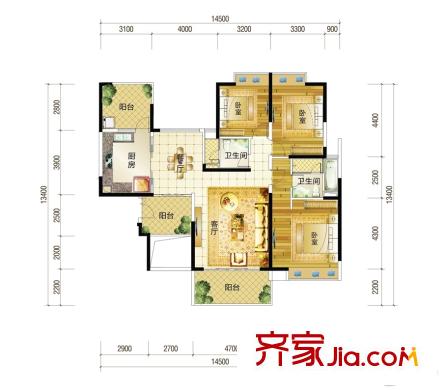華發(fā)國賓壹號14#03房/15#02房I戶型 3室2廳2衛(wèi)1廚