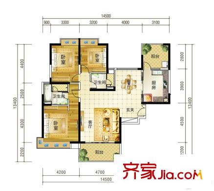 華發(fā)國賓壹號14#02房/15#03房 H戶型 3室2廳2衛(wèi)1廚