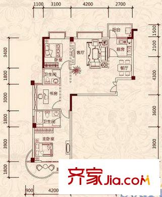 錦秀豪庭D戶型圖 3室2廳2衛(wèi)1廚