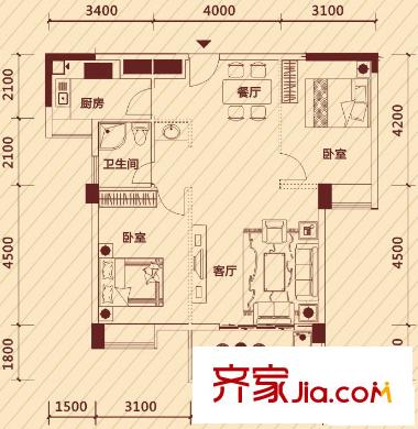 錦秀豪庭F戶型  2室2廳1衛(wèi)1廚
