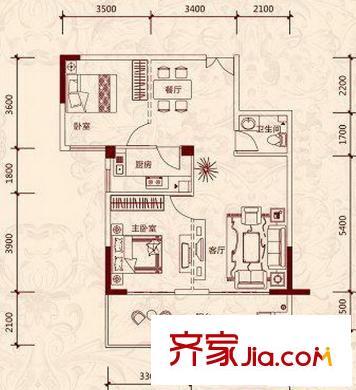 錦秀豪庭E戶型圖  2室2廳1衛(wèi)1廚