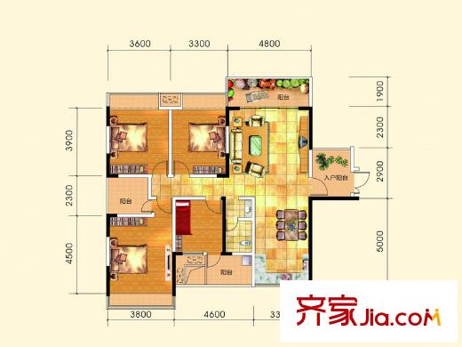 虹橋灣3號樓第3層A1型 4室2廳1衛(wèi)1廚