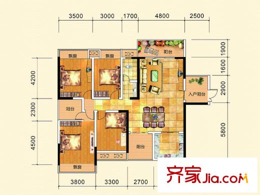 虹橋灣1號樓第2層A型 4室2廳1衛(wèi)1廚