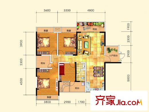 虹橋灣2號樓第3層A1型 4室2廳1衛(wèi)1廚
