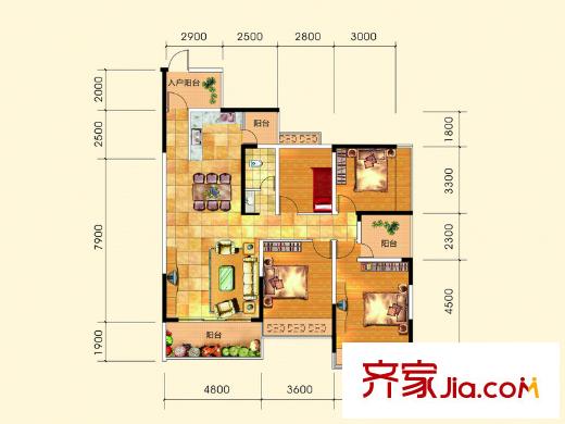 虹橋灣3號樓第3層B2型 4室2廳1衛(wèi)1廚