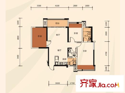 大唐果2號樓01戶型 3室2廳2衛(wèi)1廚
