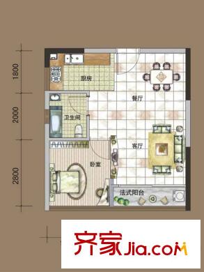 天健國際公館B戶型（B座公寓區(qū)）2012-04-13  1室2廳1衛(wèi)1廚