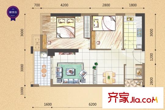 恒宇國(guó)際公館1#樓05戶型 2室2廳1衛(wèi)1廚