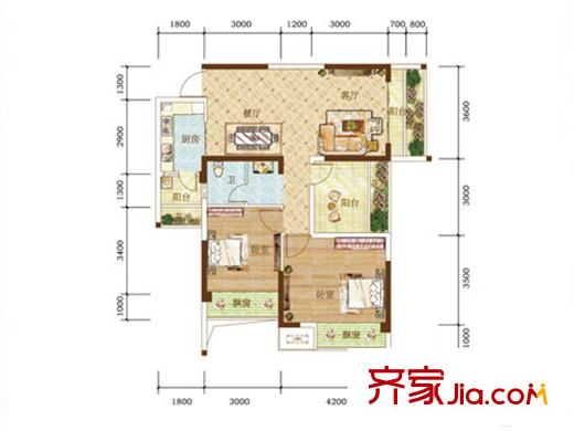 頤源居A2棟01戶型 2室2廳1衛(wèi)1廚
