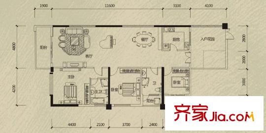 南湖名都廣場A戶型 3室2廳2衛(wèi)1廚