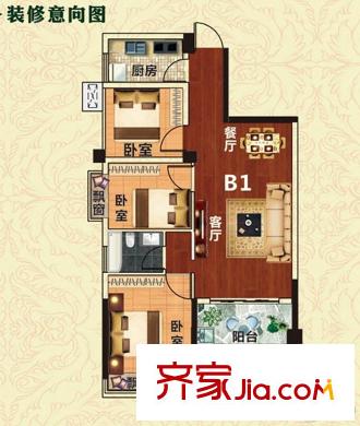 億鼎中心1#B1戶型 3室2廳2衛(wèi)1廚