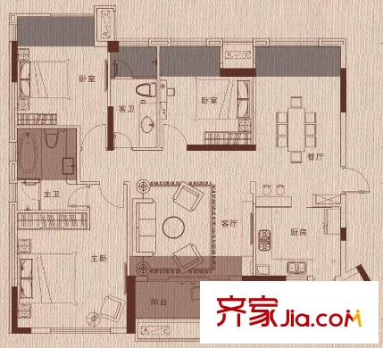 城光俊景B1棟B戶型 3室2廳2衛(wèi)1廚