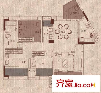 城光俊景B1棟C戶型 3室2廳2衛(wèi)1廚