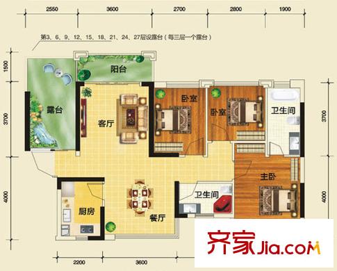 和居邕江郡A-1戶型 3室2廳2衛(wèi)1廚