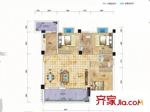 九個半島D2戶型（2-9F） 3室2廳2衛(wèi)1廚